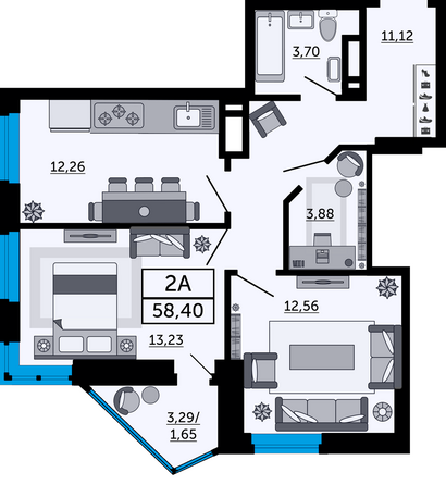 Планировка 2-комн 58,4 м²