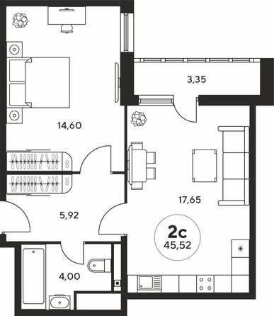 Планировка 2-комн 45,29 - 45,52 м²