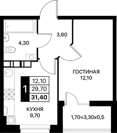 Планировка 1-комн 31,4, 31,7 м²