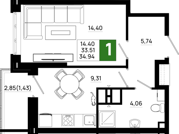 Планировка 1-комн 34,94 м²