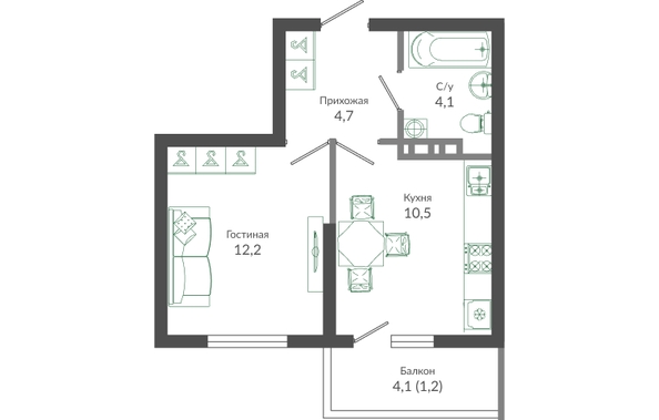 Планировка 1-комн 33,6 м²