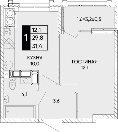 Планировка 1-комн 31,4 - 32,2 м²