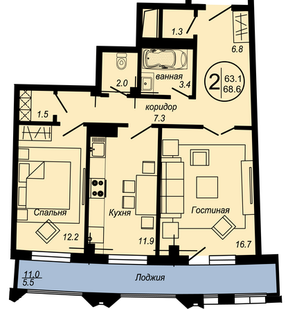 Планировка 2-комн 68,6 м²