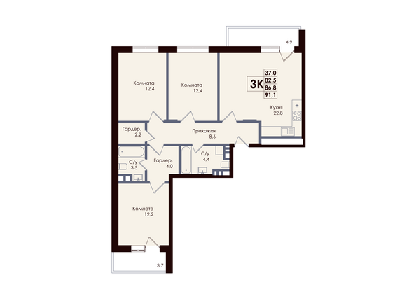 Планировка 3-комн 86,8 м²