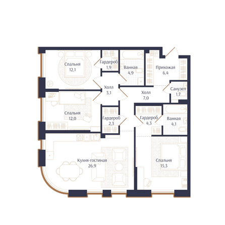 Планировка 3-комн 102 м²