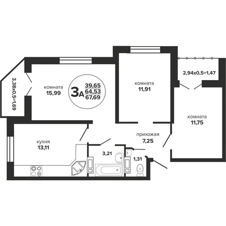 Планировка 3-комн 67,69 м²