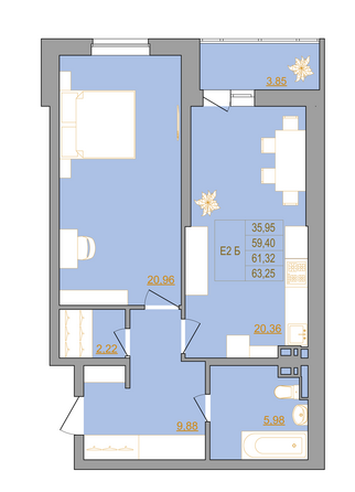 Планировка 2-комн 63,05 м²