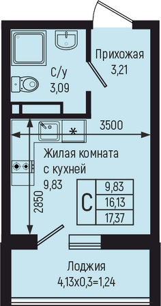 Планировка Студия 17,37 м²