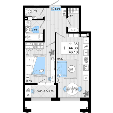 Планировка 1-комн 46,18 м²