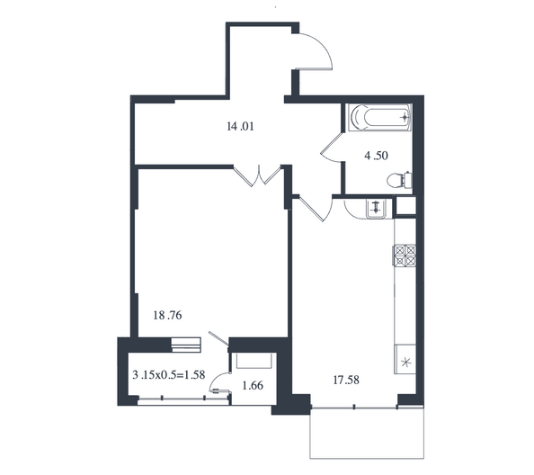 Планировка 1-комн 58,09 м²