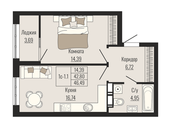Планировка 1-комн 46,49 м²