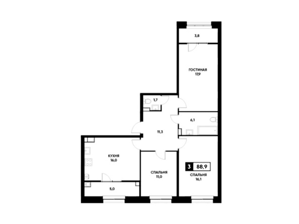 Планировка 3-комн 88,6, 88,9 м²