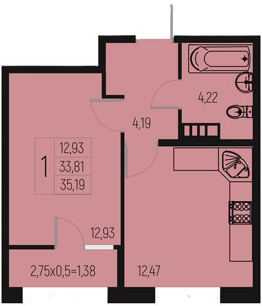 Планировка 1-комн 35,19, 35,62 м²
