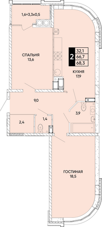 Планировка 2-комн 68,3 - 68,9 м²