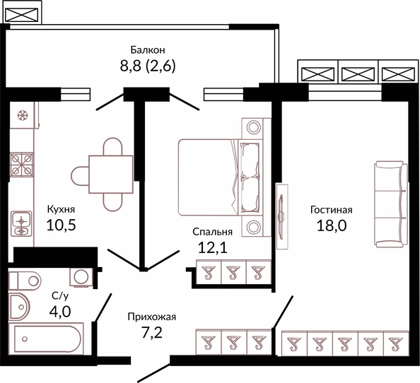 Планировка 2-комн 54,4 м²