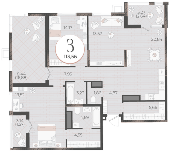 Планировка 3-комн 113,56 м²