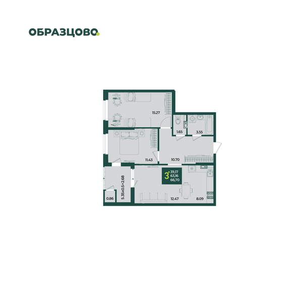 Планировка 3-комн 66,7 м²