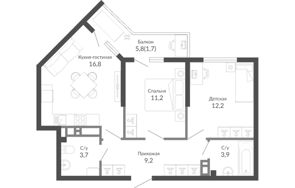 Планировка 2-комн 58,7 м²