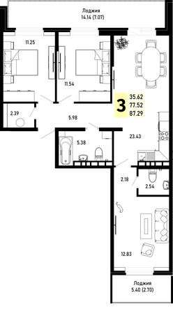 Планировка 3-комн 87,29 м²
