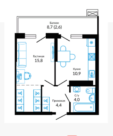 Планировка 1-комн 38 м²