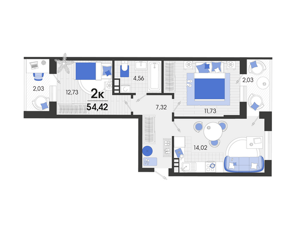 Планировка 2-комн 54,42 м²