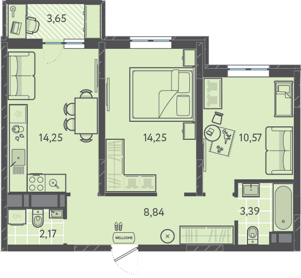 Планировка 2-комн 54,57 м²