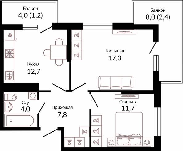 Планировка 2-комн 57,1 м²