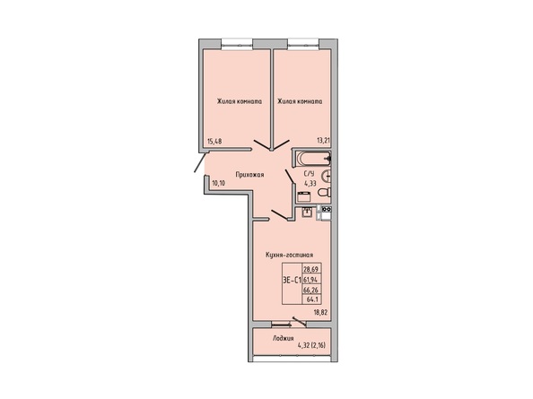 Планировка 3-комн 62,89 - 64,1 м²