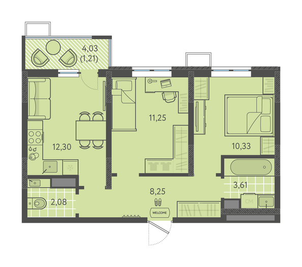 Планировка 2-комн 49,03 м²