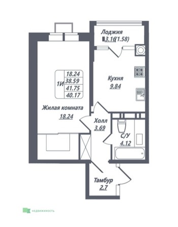 Планировка 1-комн 40,17 м²