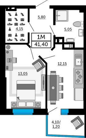 Планировка 1-комн 41,05 м²