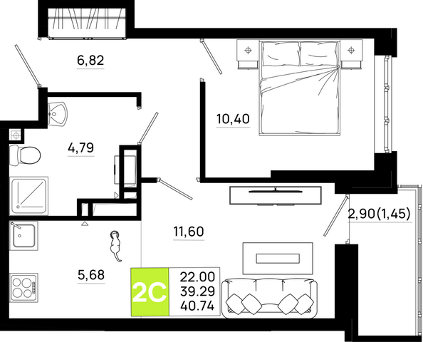 Планировка 1-комн 40,74 м²