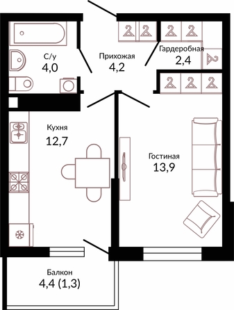 Планировка 1-комн 38,5 м²