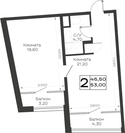 Планировка 2-комн 53 м²