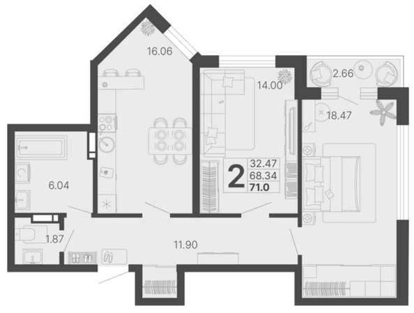 Планировка 2-комн 69,67, 70,01 м²