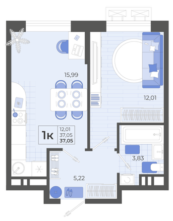 Планировка 1-комн 37,05 м²