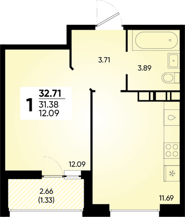 Планировка 1-комн 32,71 м²