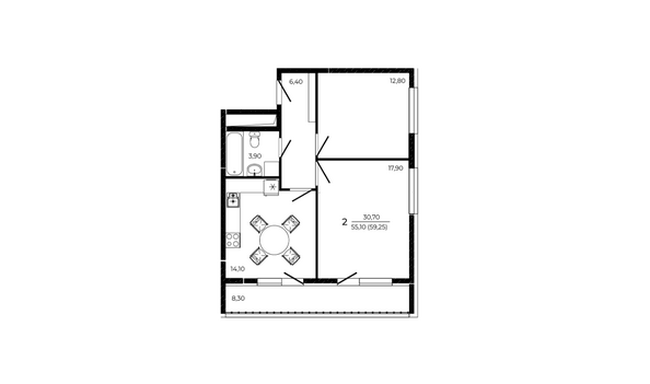 Планировка 2-комн 59,25 м²