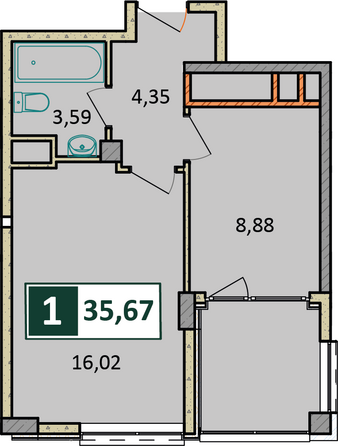 Планировка 1-комн 35,67 м²