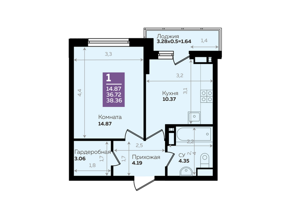 Планировка 1-комн 38,36 м²