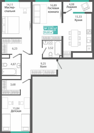 Планировка 3-комн 94,6 м²