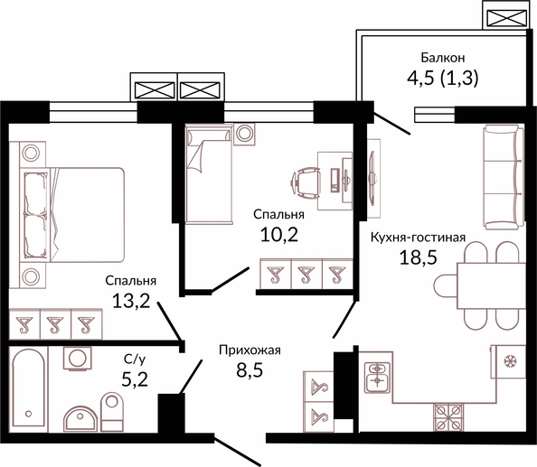 Планировка 2-комн 56,9 м²