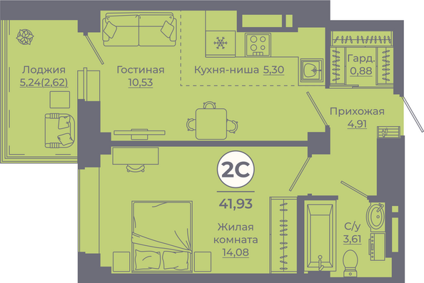 Планировка 2-комн 41,55, 41,62 м²