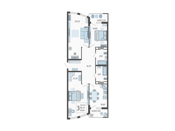 Планировка 3-комн 91,84 м²