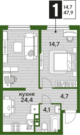 Планировка 1-комн 47,9 м²