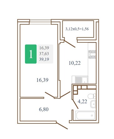 Планировка 1-комн 39,19, 40,15 м²