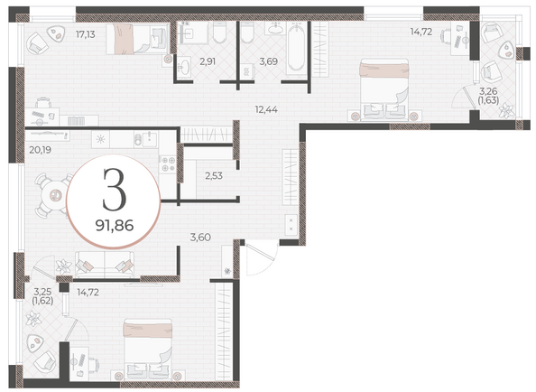 Планировка 3-комн 91,86 м²