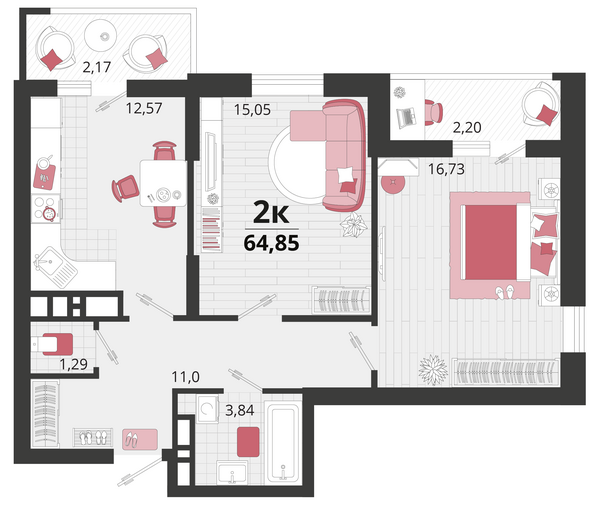 Планировка 2-комн 64,85 м²