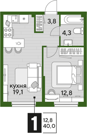Планировка 1-комн 40 м²