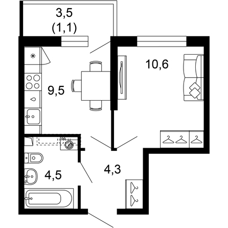 Планировка 1-комн 30 м²